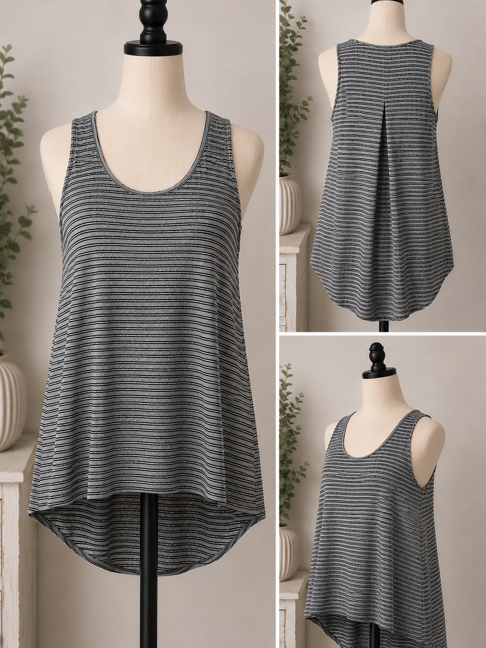 Rose & Olive Gray Striped Sleeveless Swing Tank Top Women’s Medium Flowy Tunic